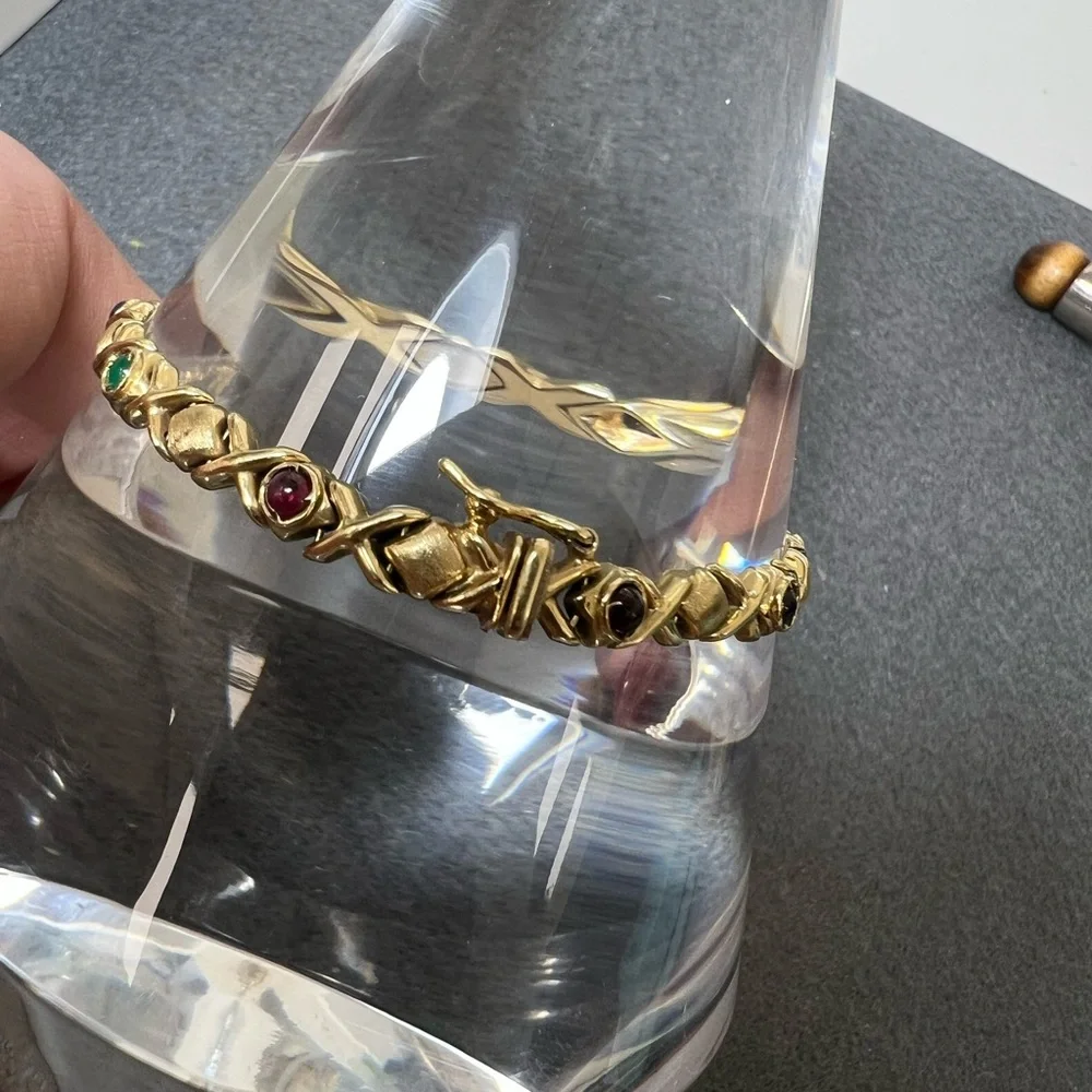 14K Gold Bracelet with Sapphires, Rubies and Emerald Cabochon Accents